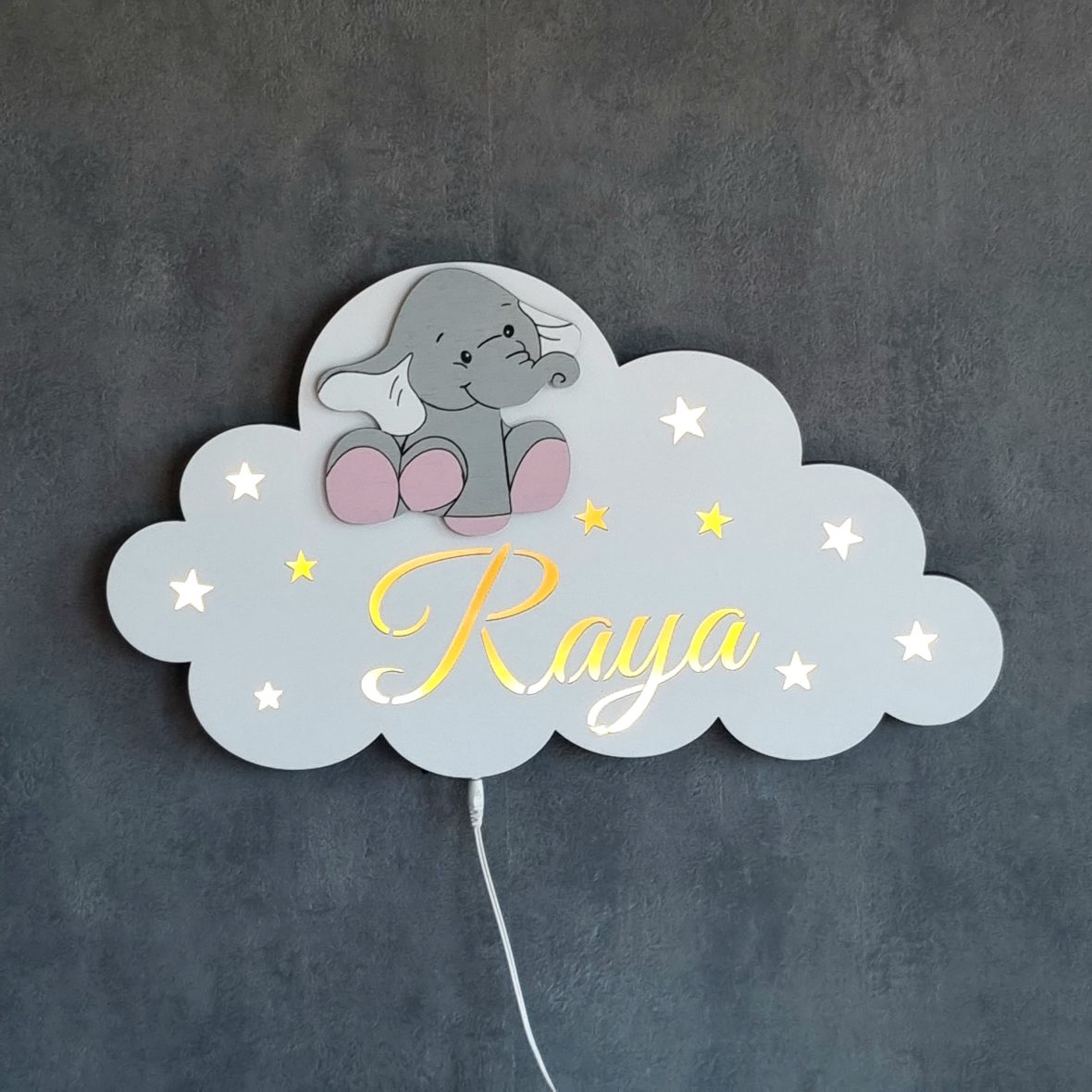 Lampa veghe bebe personalizata cu elefant roz-gri