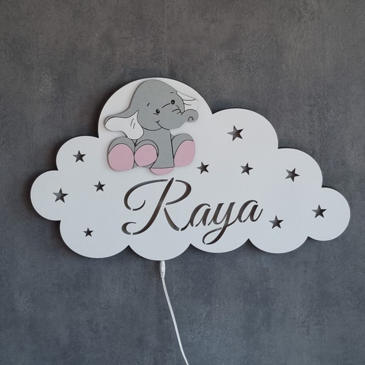 Lampa veghe bebe personalizata cu elefant roz-gri