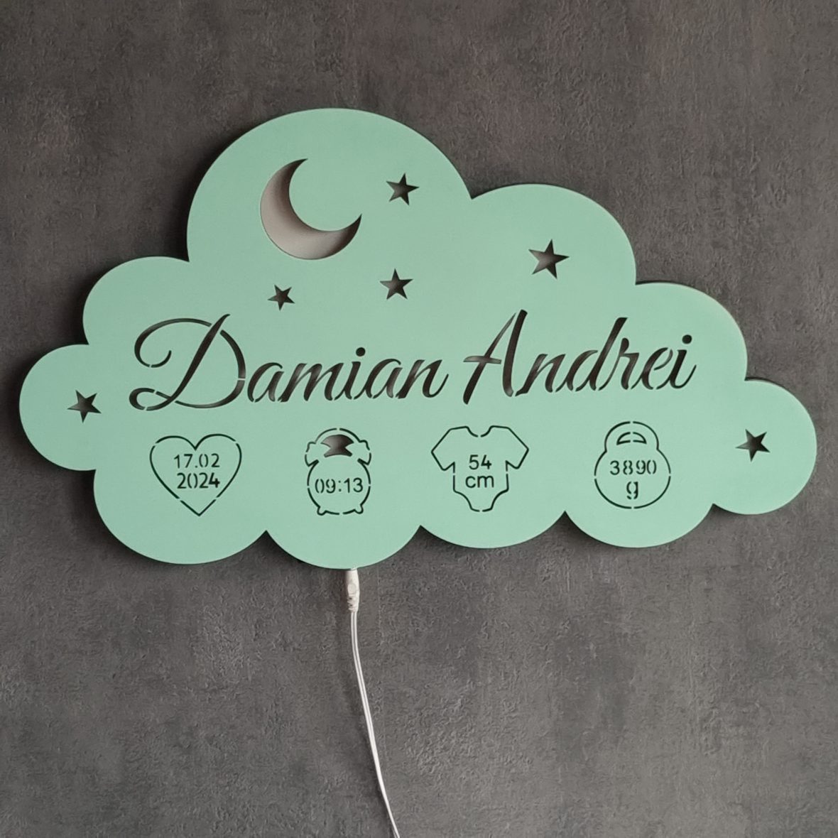 Lampa veghe bebe personalizata cu nume si datele nasterii