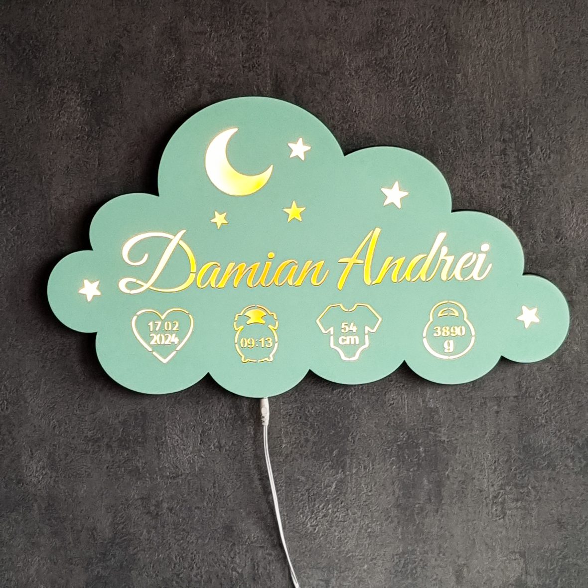 Lampa veghe bebe personalizata cu nume si datele nasterii