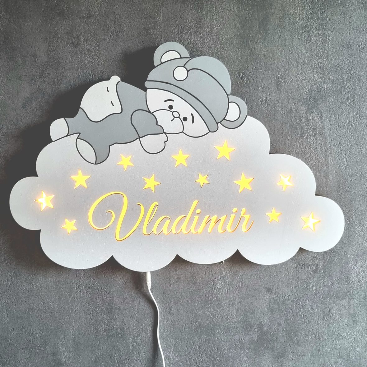 Lampa de veghe personalizata cu nume si ursulet pe nor gri-bej