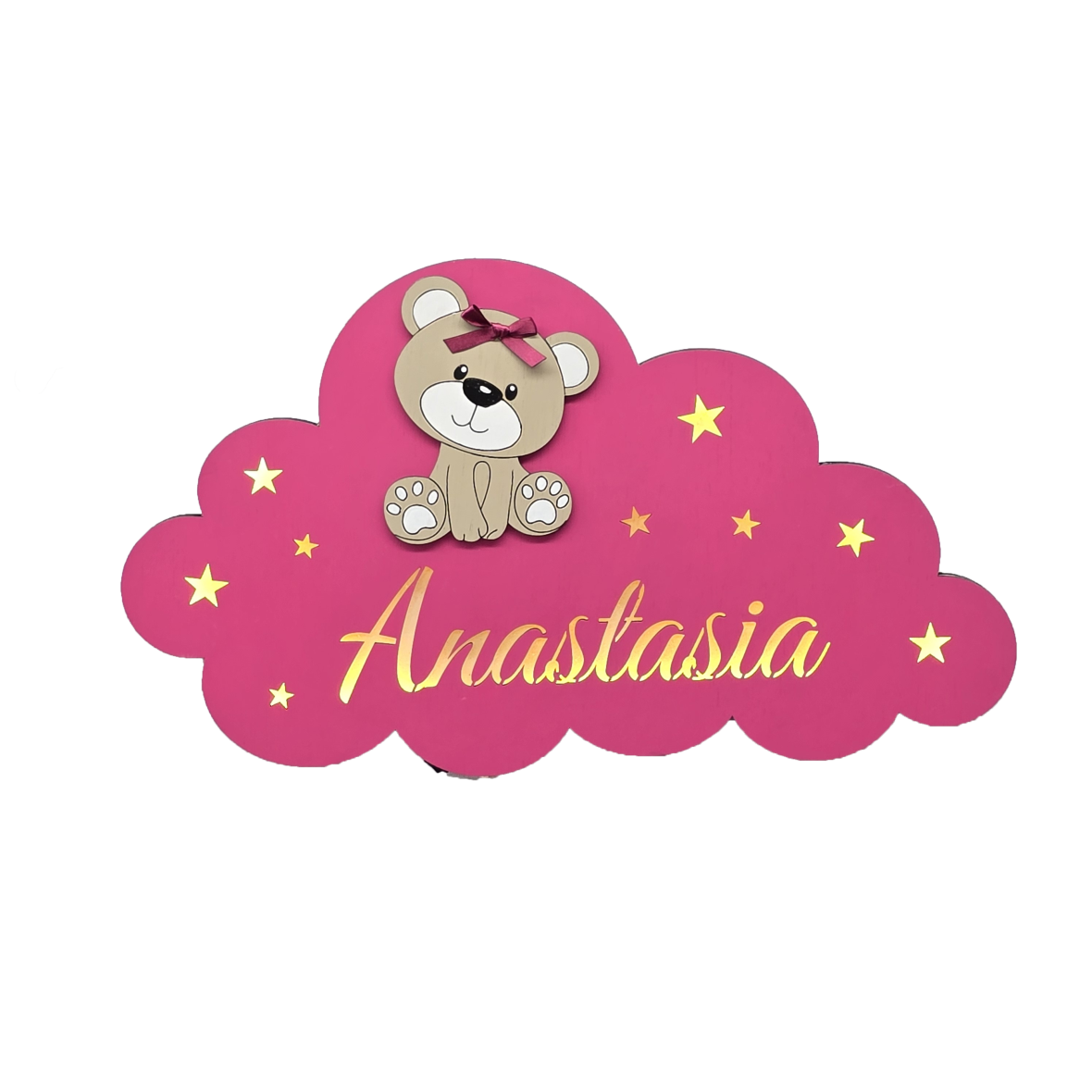 Lampa de veghe bebe cu nume si ursulet magenta