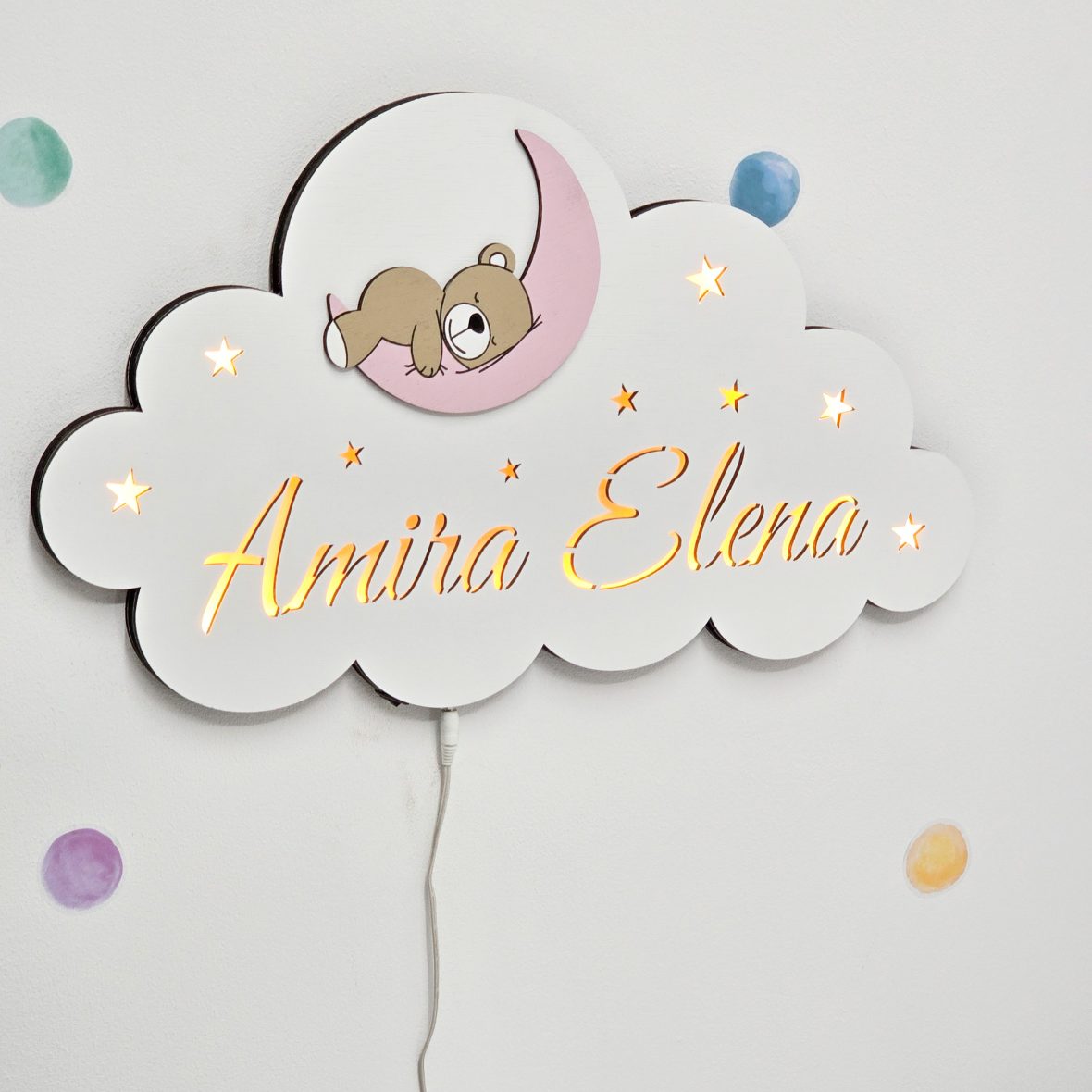 Lampa veghe cu ursulet pe luna roz pal
