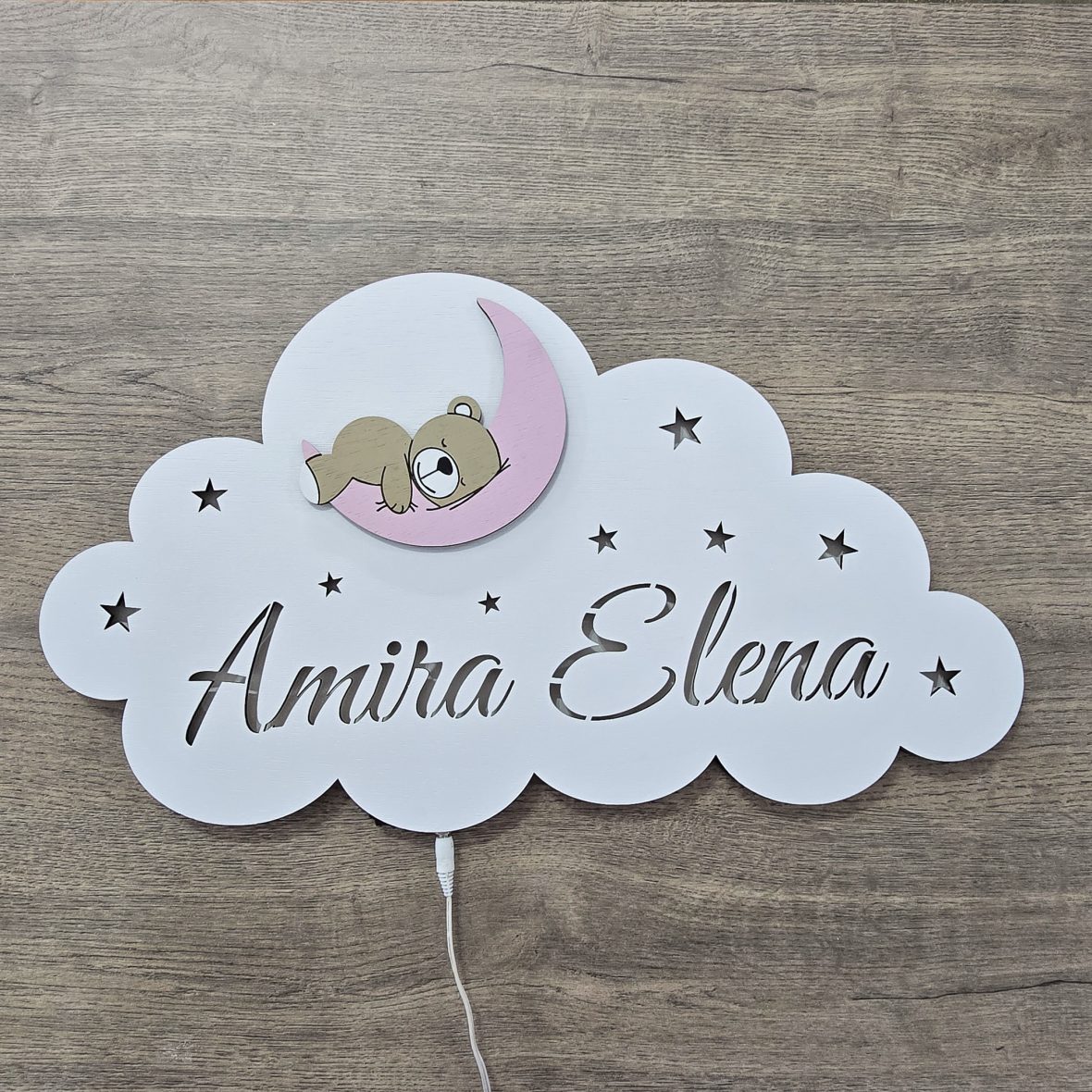 Lampa veghe cu ursulet pe luna roz pal