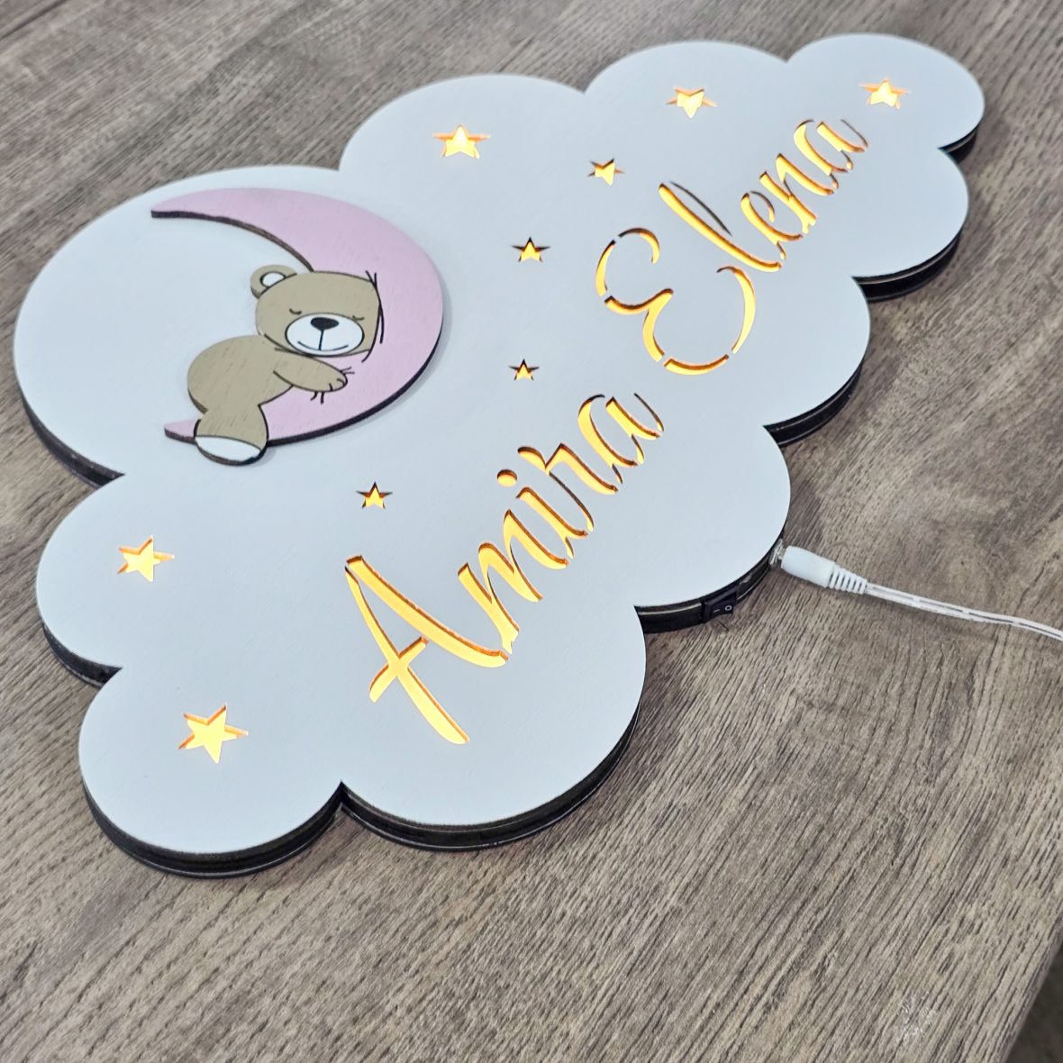 Lampa veghe cu ursulet pe luna roz pal