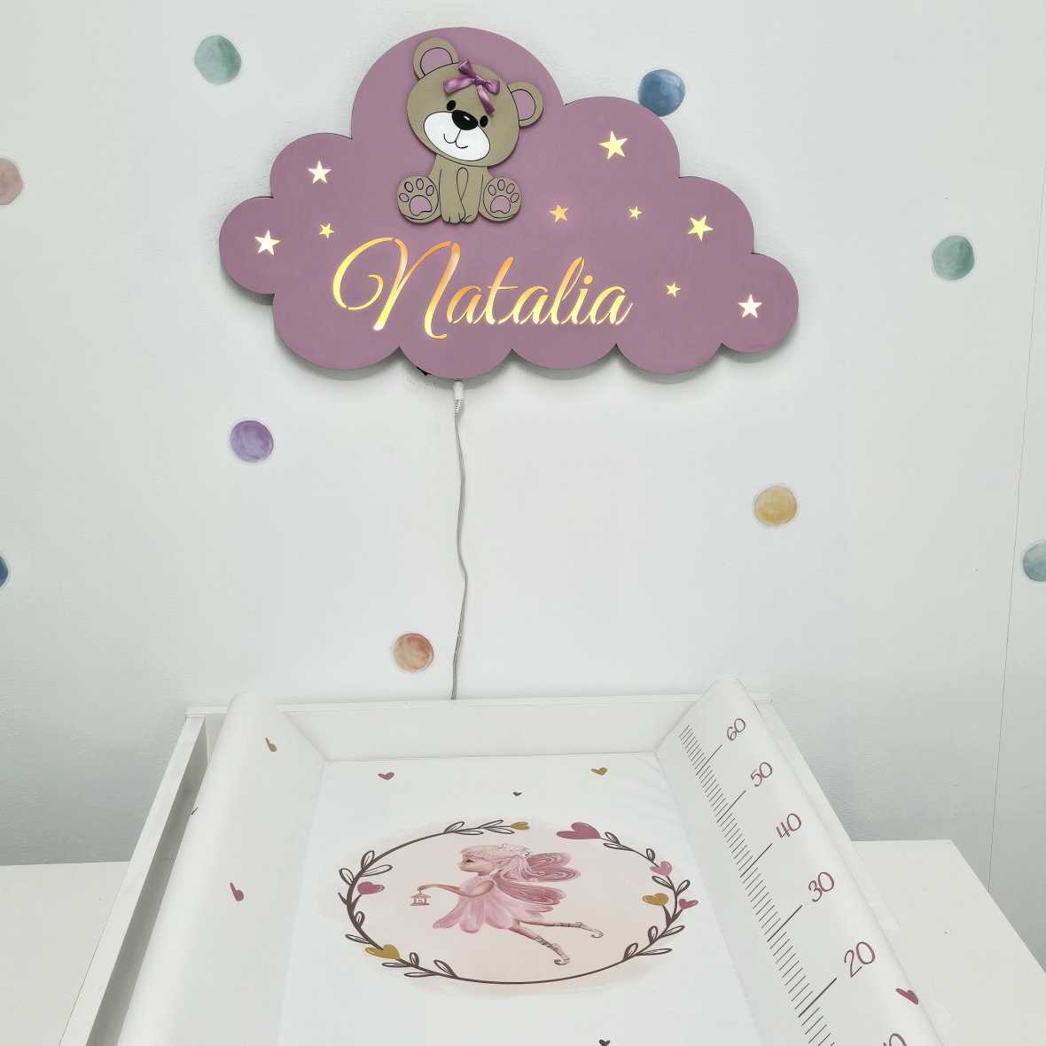 Lampa bebe personalizata cu ursulet cu fundita – plamaniu