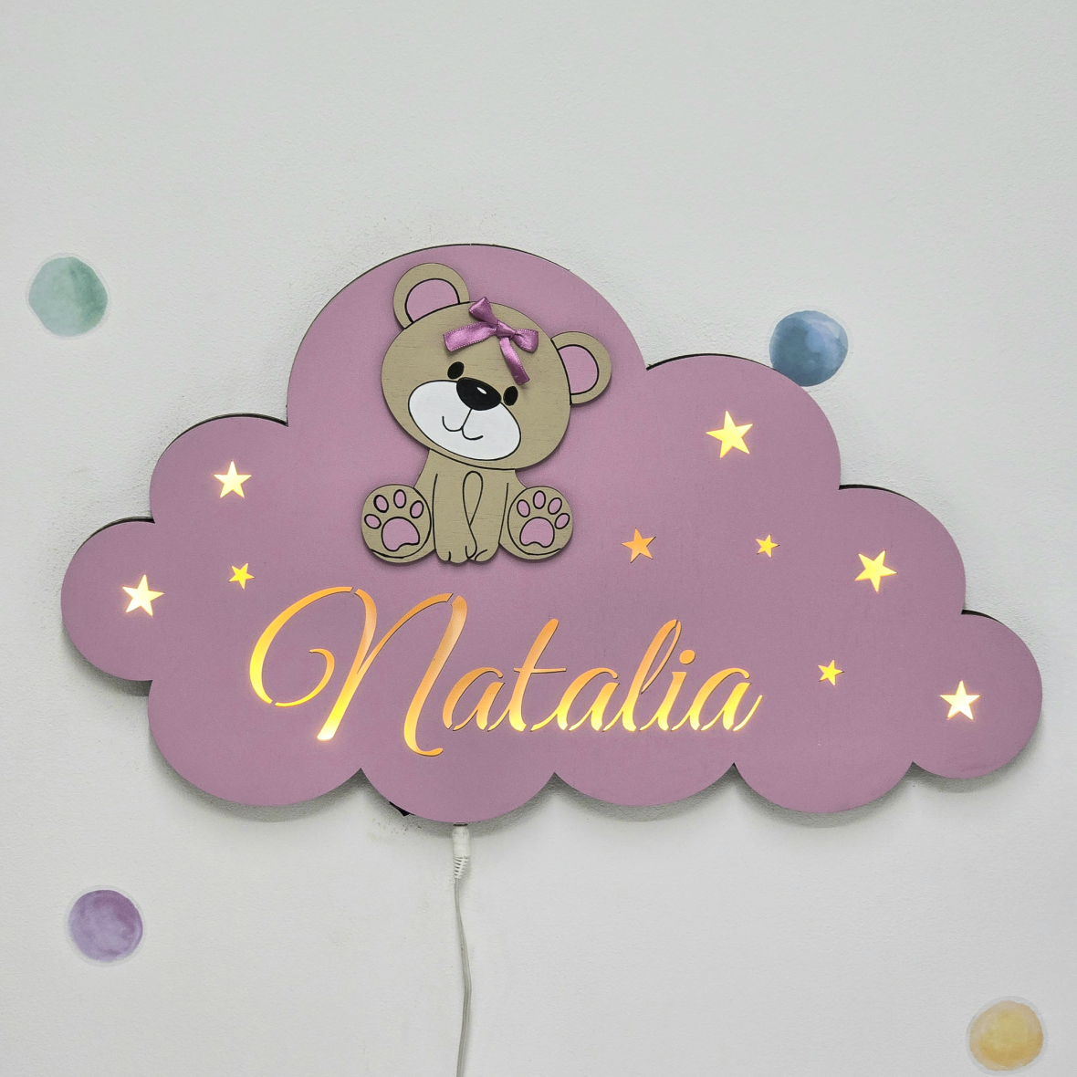 Lampa bebe personalizata cu ursulet cu fundita – plamaniu