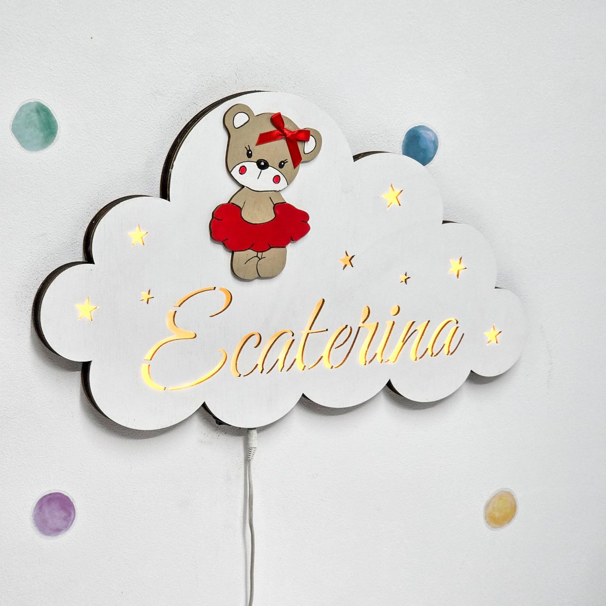 Lampa de veghe cu ursulet in fustita rosie